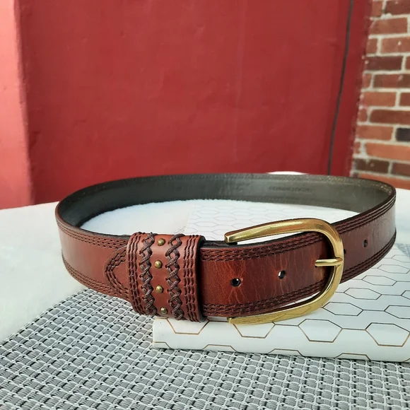 Dockers Braided and Stitched Studded Oversized Buckle Leather Belt XL Brown - Picture 1 of 12